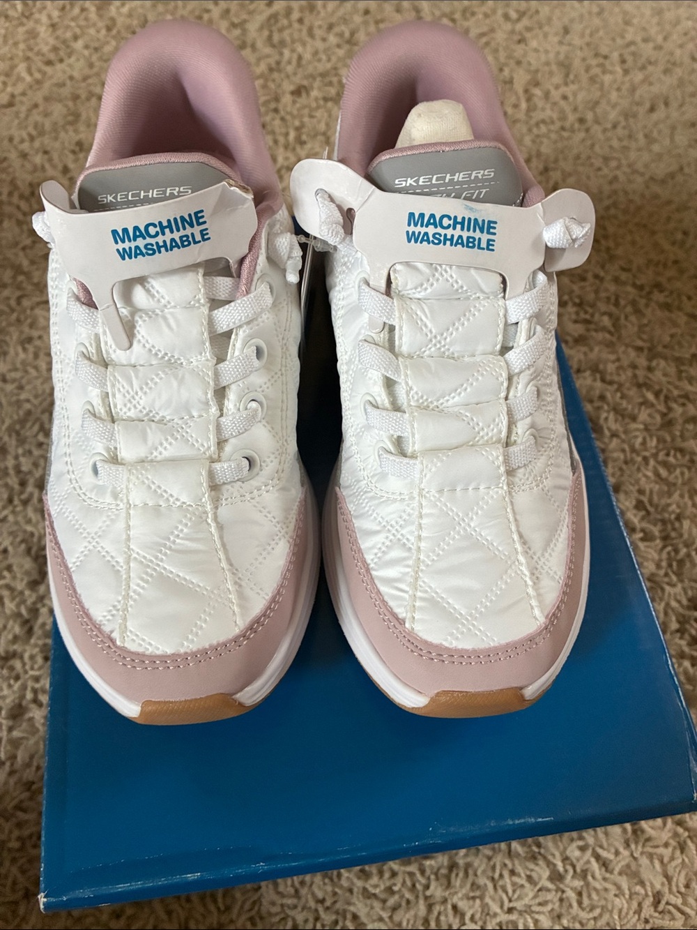 Skechers Kids White & Pink Quilted Athletic Sneakers, Washable. Size 13
